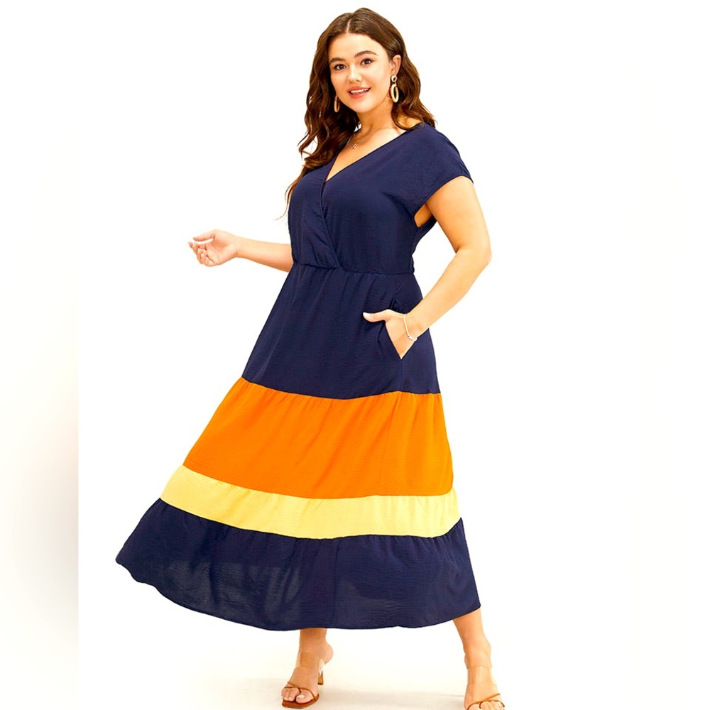 1X 14/16 Colorblock Contrast Pocket Wrap Flutter Tiered Tank Dress NEW